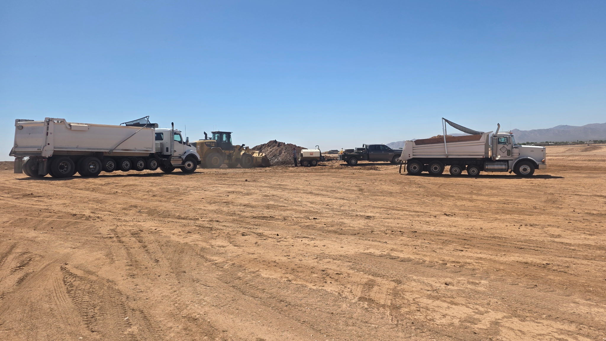 Dump-truck fleet lined up at the yard